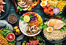 A top-view of various healthy food dishes 