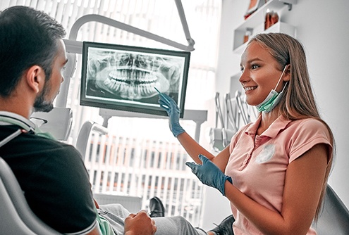 A female dentist showing a male patient his dental X-Rays and explaining the potential treatments to be included in his smile makeover